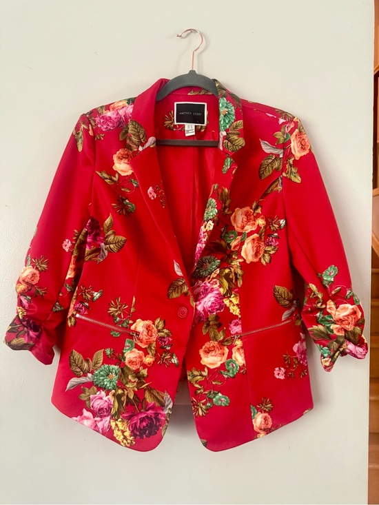 Another Story Jackets & Blazers - Another Story Red Floral Blazer with Ruched 3/4 Sleeves & Zipper Detail